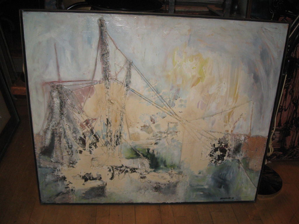 Mid Century Mixed media painting "Storm at Sea" by J.Domokur in heavy gage brass frame.40x34