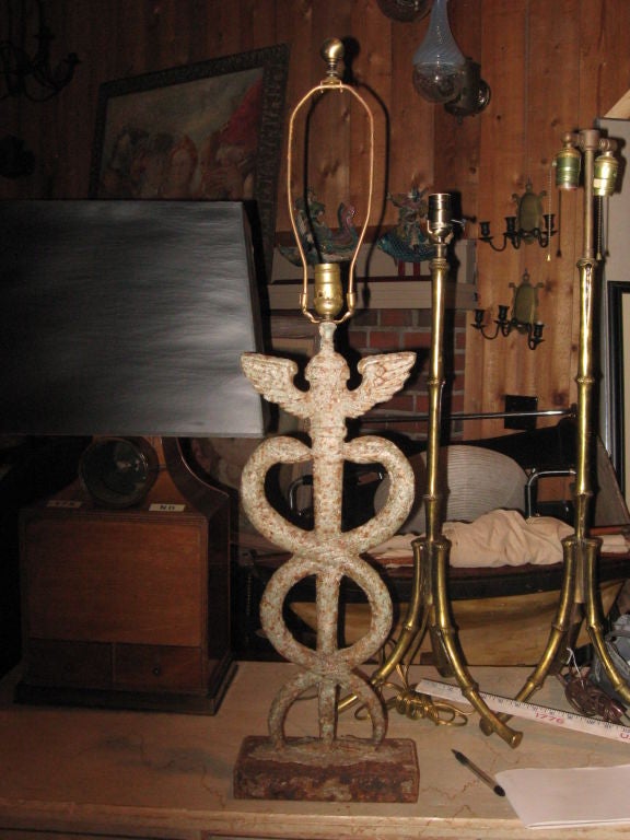 Antique Iron Physician Symbol Sign Made into Lamp In Good Condition For Sale In Water Mill, NY