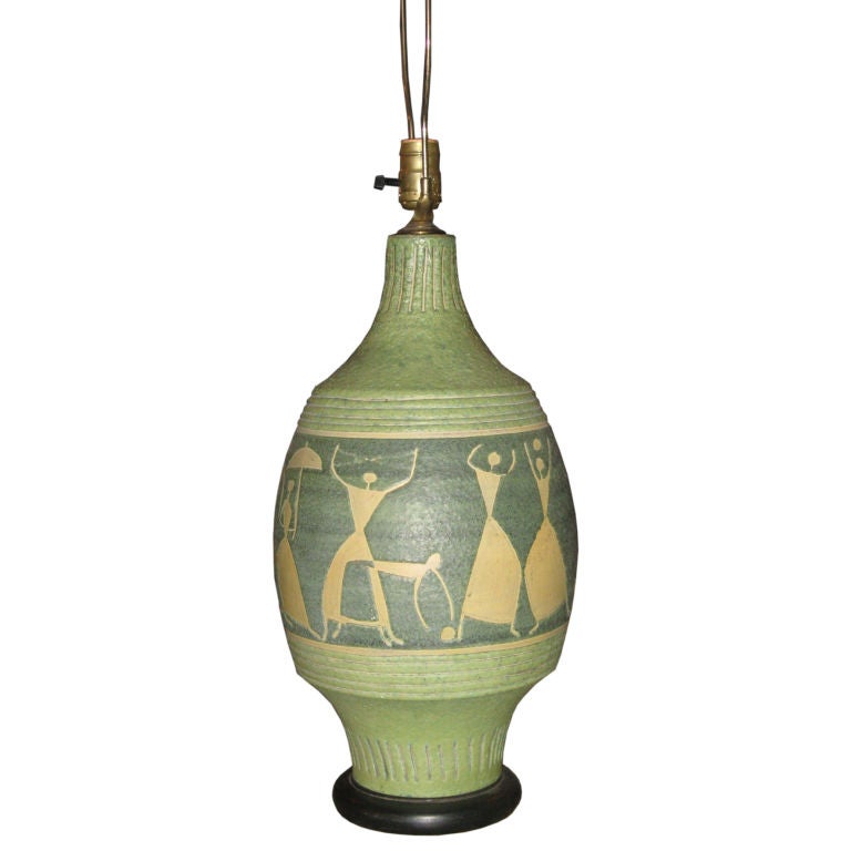 Mid-Century Italian Handmade Pottery Lamp with Figures