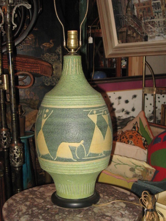 Mid-Century Italian Handmade Pottery Lamp with Figures In Excellent Condition For Sale In Water Mill, NY