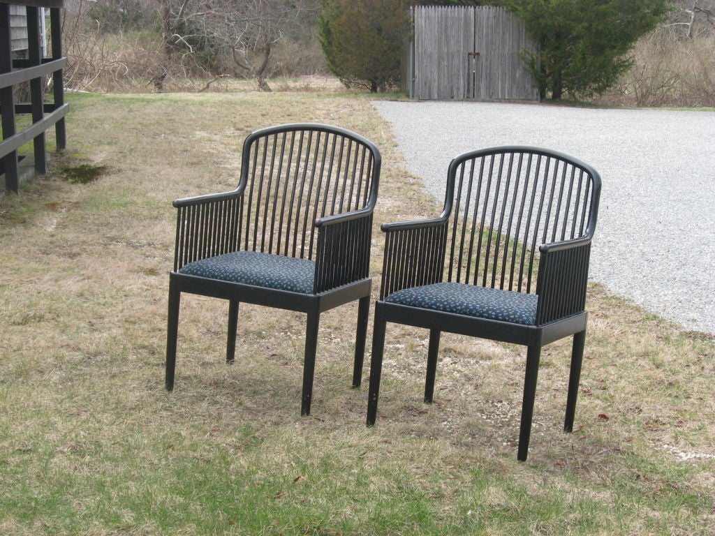 Set of eight Andover ebonized arm dining chairs by Davis Allen for Stendig with original fabric Allen was the head interior designer for Skidmore (som). We have another set of eight in rosewood (two arms and six sides) (this is a reduced