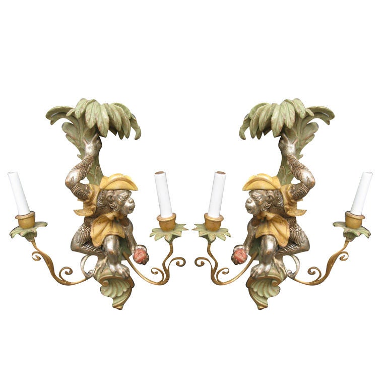 Pair of Carved  Wood  Monkey Sconces