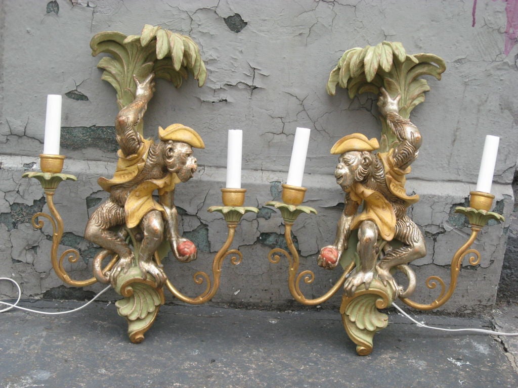 Pair Of Carved Wood and Painted Italian Sconces of Monkeys-Wired