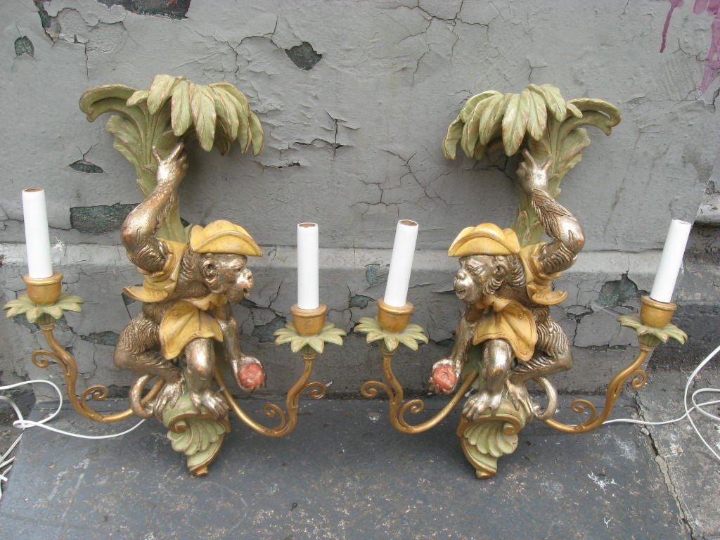 Mid-20th Century Pair of Carved  Wood  Monkey Sconces