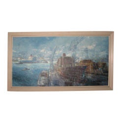 Midcentury Oil Painting of Shipyard by Victor J. Trip