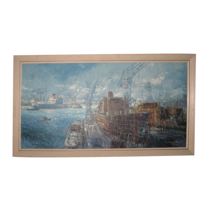 Midcentury Oil Painting of Shipyard by Victor J. Trip