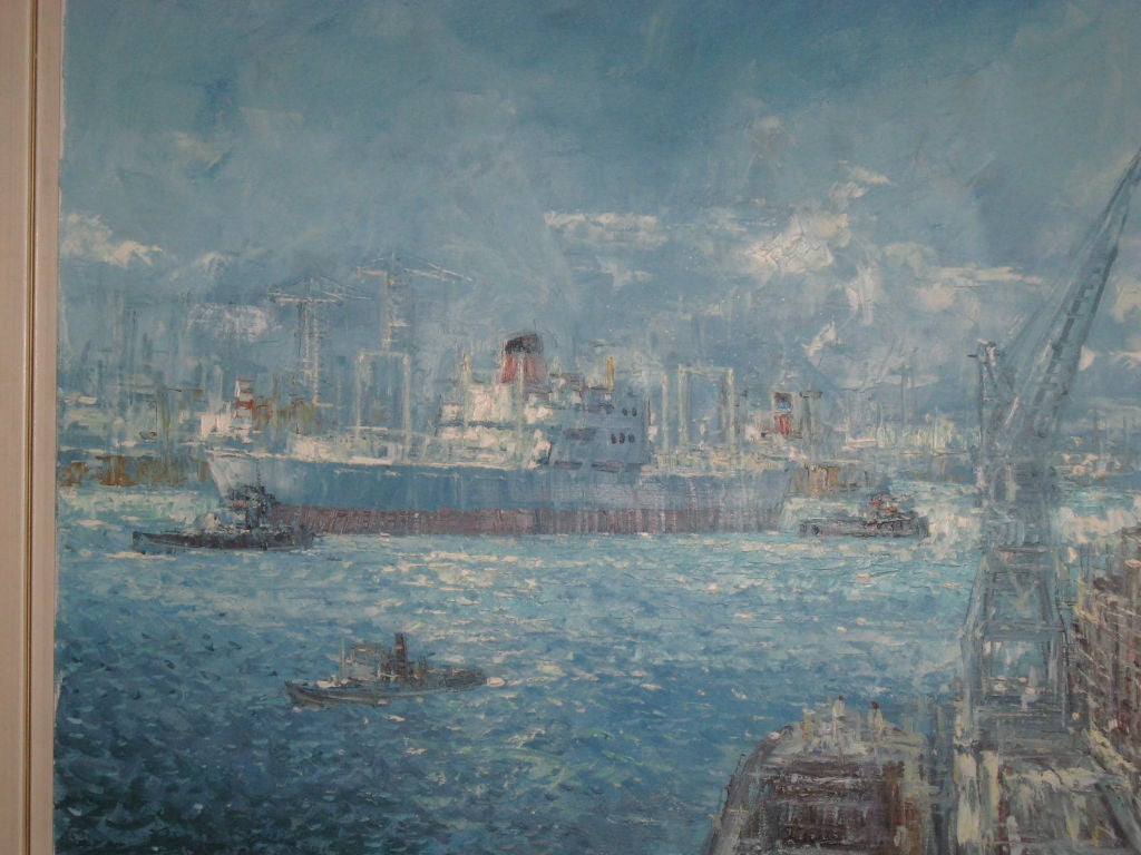 Midcentury Oil Painting of Shipyard by Victor J. Trip In Good Condition In Water Mill, NY