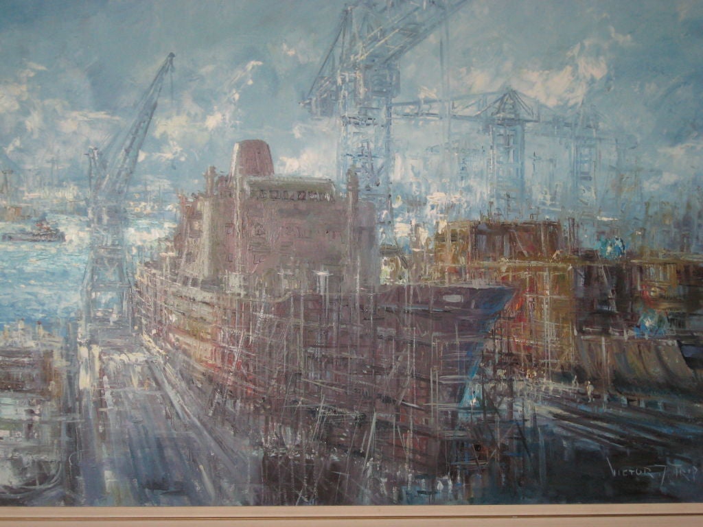 Mid-20th Century Midcentury Oil Painting of Shipyard by Victor J. Trip