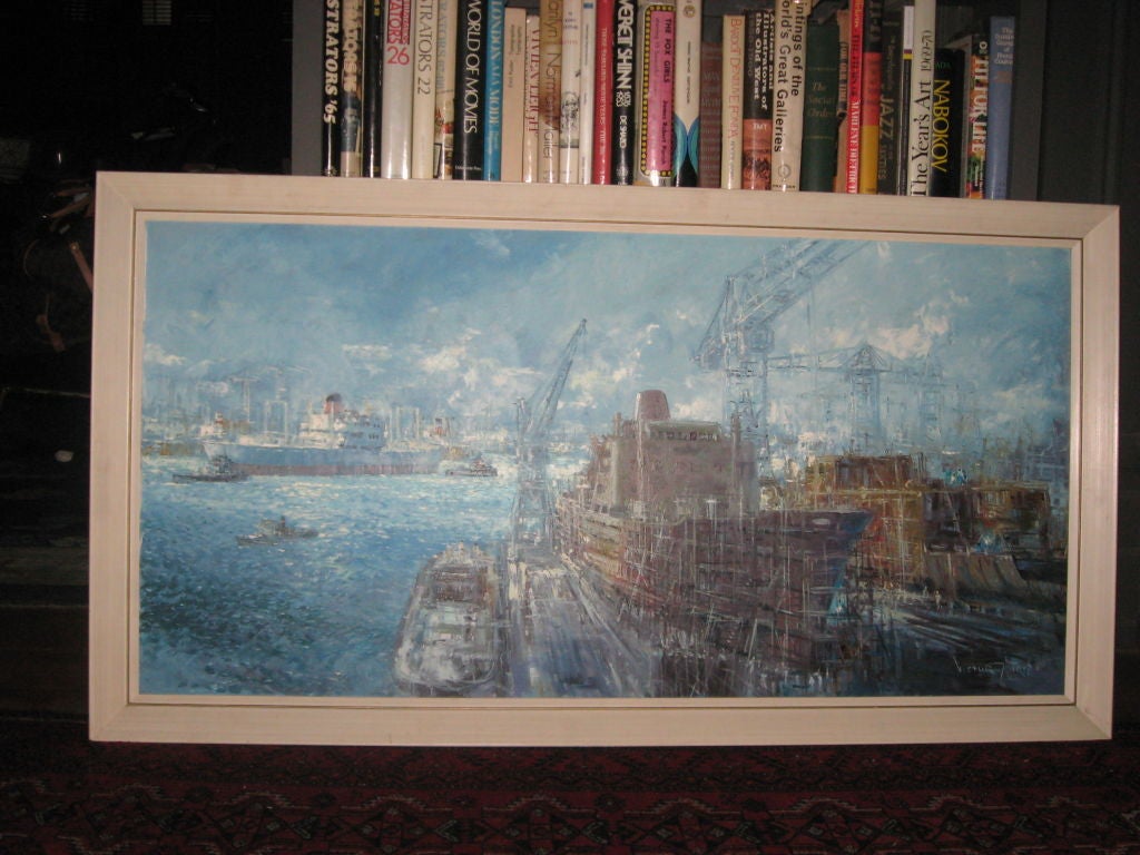 Large Midcentury oil on canvas of a shipyard by Listed Artist Victor J. trip...in a wood frame.