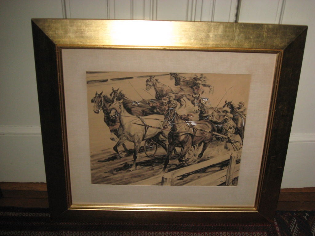 Original Black and White Painting Of Trotters by Listed Artist Matt Clark..in a Giltwood Frame