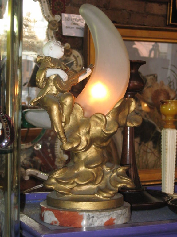 Bronze and Marble Harlequin Moon Lamp In Excellent Condition In Water Mill, NY