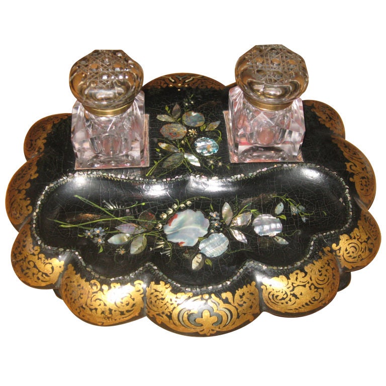 19th Century Paper Mache and Crystal Inkwell