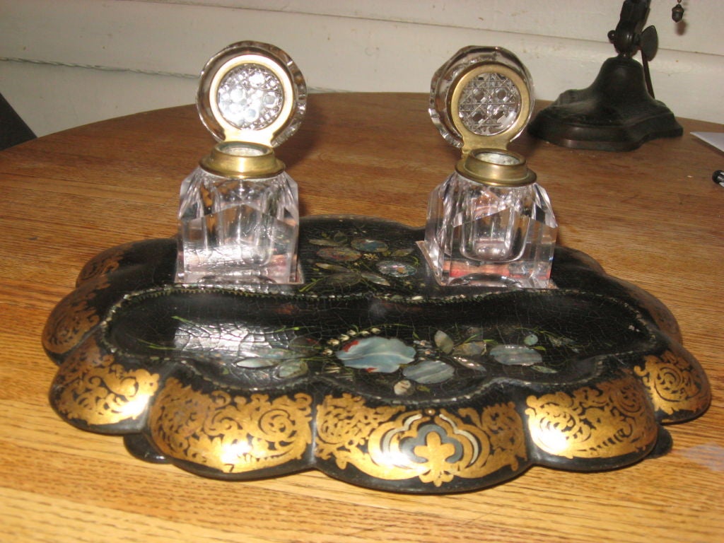 English 19th Century Paper Mache and Crystal Inkwell For Sale