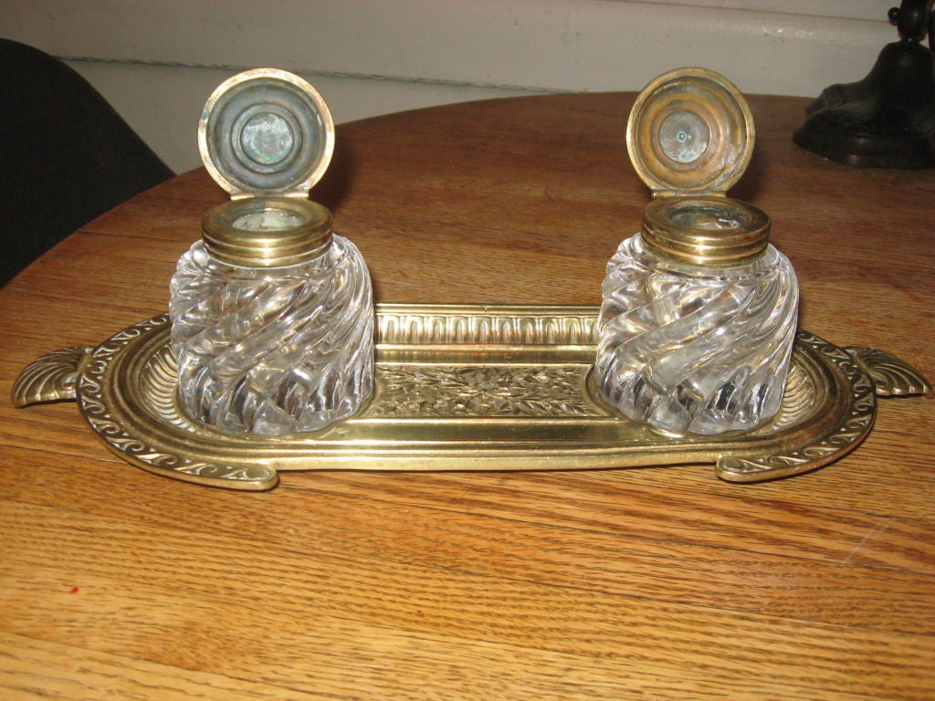 French Bronze and Cryastal Double Inkwell For Sale
