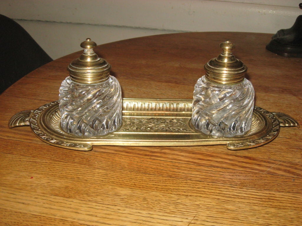 19th Century Bronze and Cryastal Double Inkwell For Sale