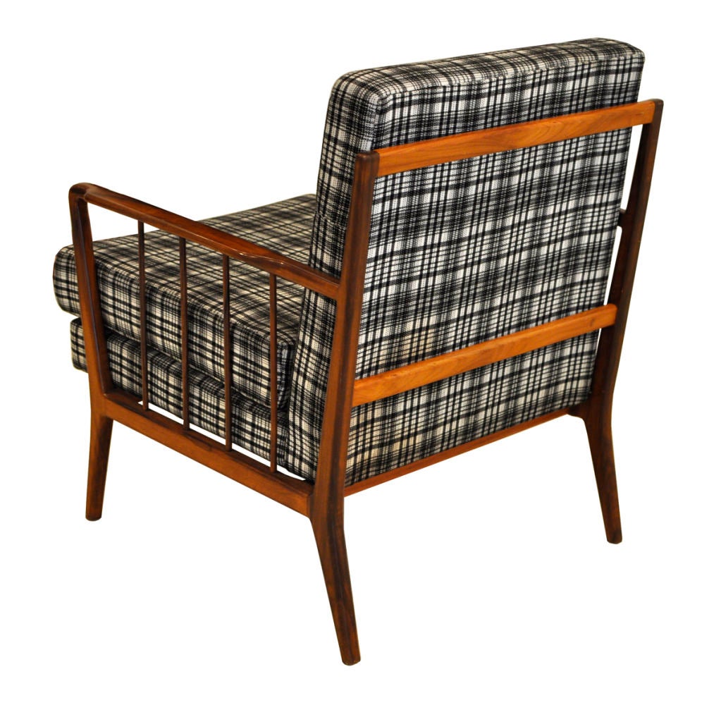 Pair of armchairs with lathed sides in jacaranda and plaid upholstery.
