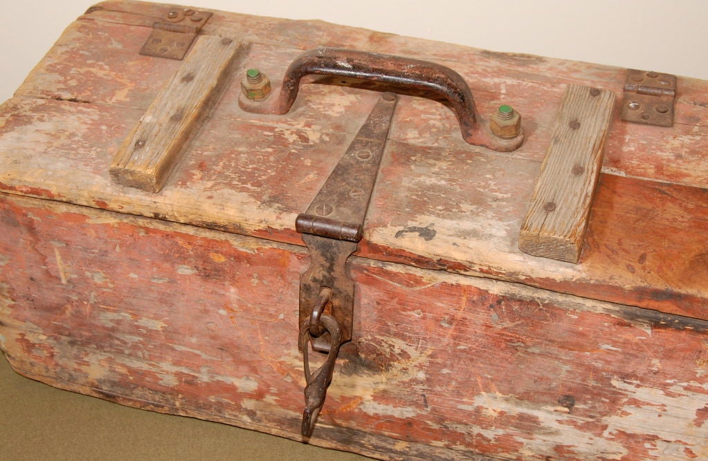 Handmade wooden tool box, great patina with it's worn wood and paint.