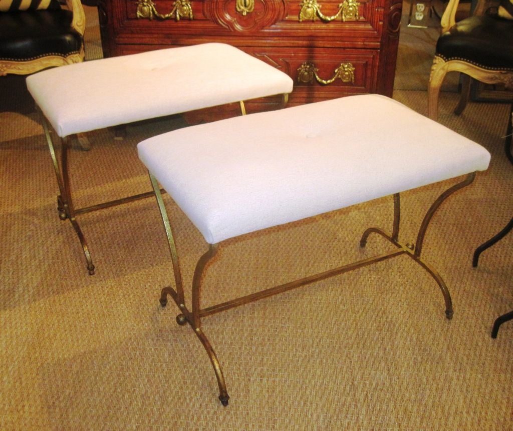 Pair of Upholstered Gilt Iron Benches, French, 1940's