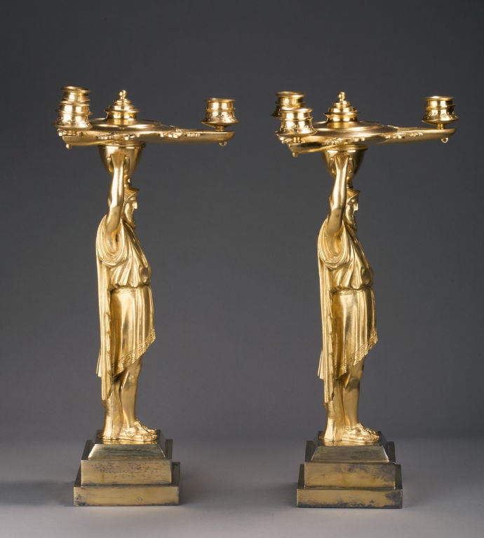 Pair of Regency Gilt Bronze Figural Candelabra In Good Condition For Sale In Kittery Point, ME