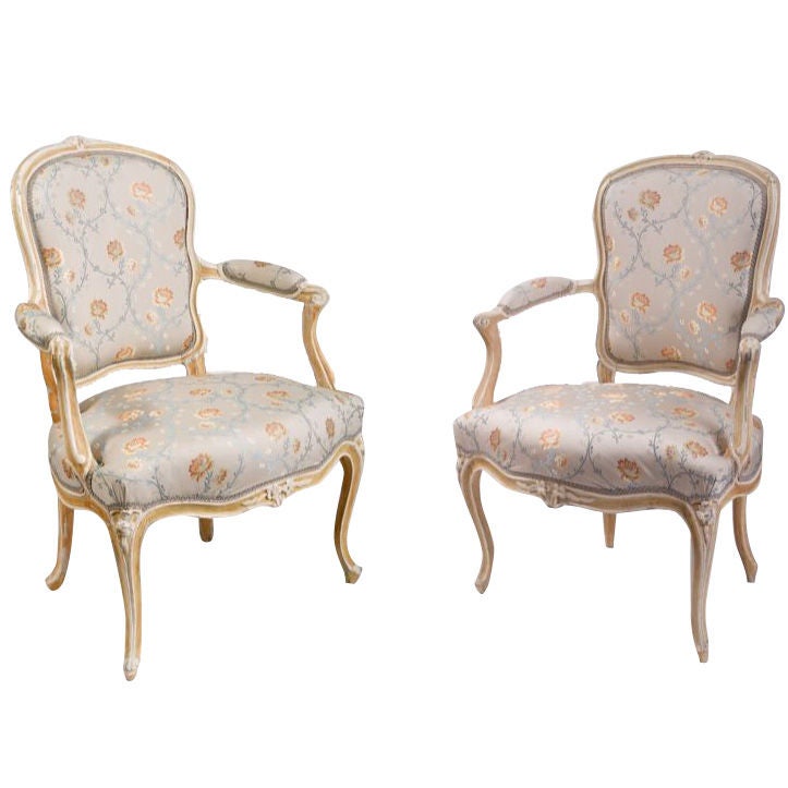 Pair of Louis XV Beige and White Painted Cabriolet Armchairs