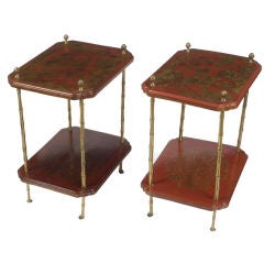 Pair of Jansen Red-Lacquered and Gilt Metal End Tables