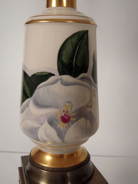 English PAIR OF MAGNOLIA DECORATED PORCELAIN LAMPS