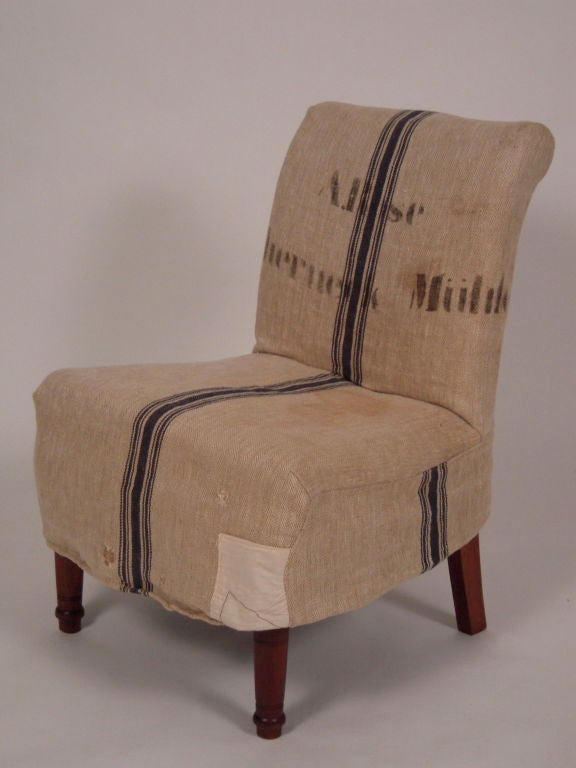 19TH CENTURY SLIPPER CHAIR WITH SWEDISH GRAIN SACK SLIP COVER 2