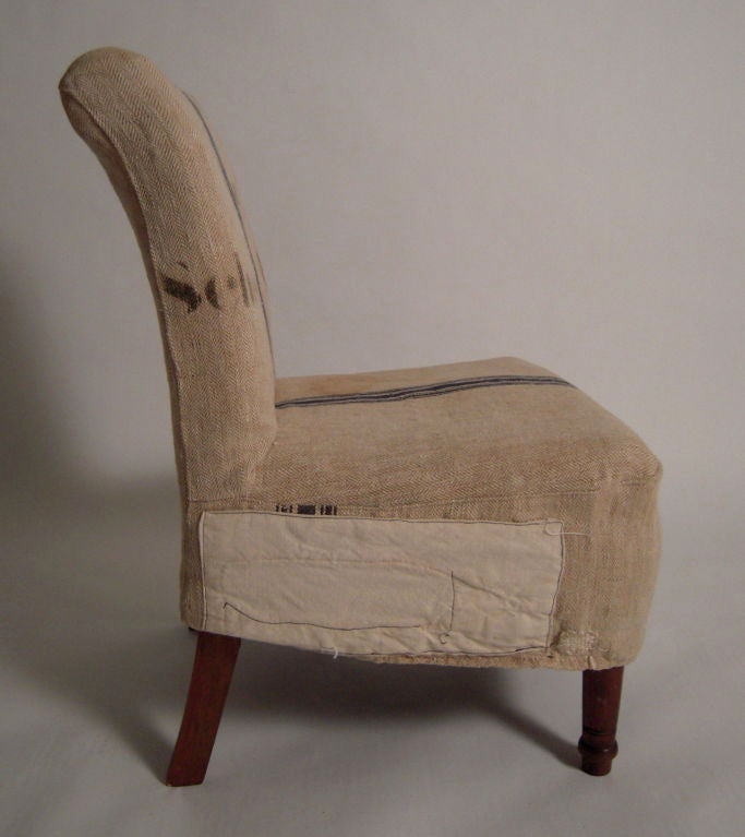 19TH CENTURY SLIPPER CHAIR WITH SWEDISH GRAIN SACK SLIP COVER 1