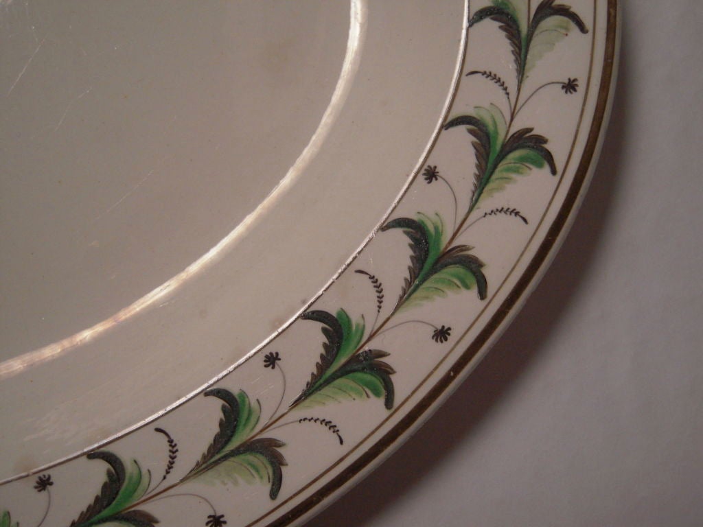 English Staffordshire Oval Creamware Platter with Hand-Painted Green Decoration