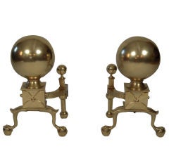 PAIR OF UNUSUAL OVERSIZED FEDERAL STYLE BRASS BALL ANDIRONS