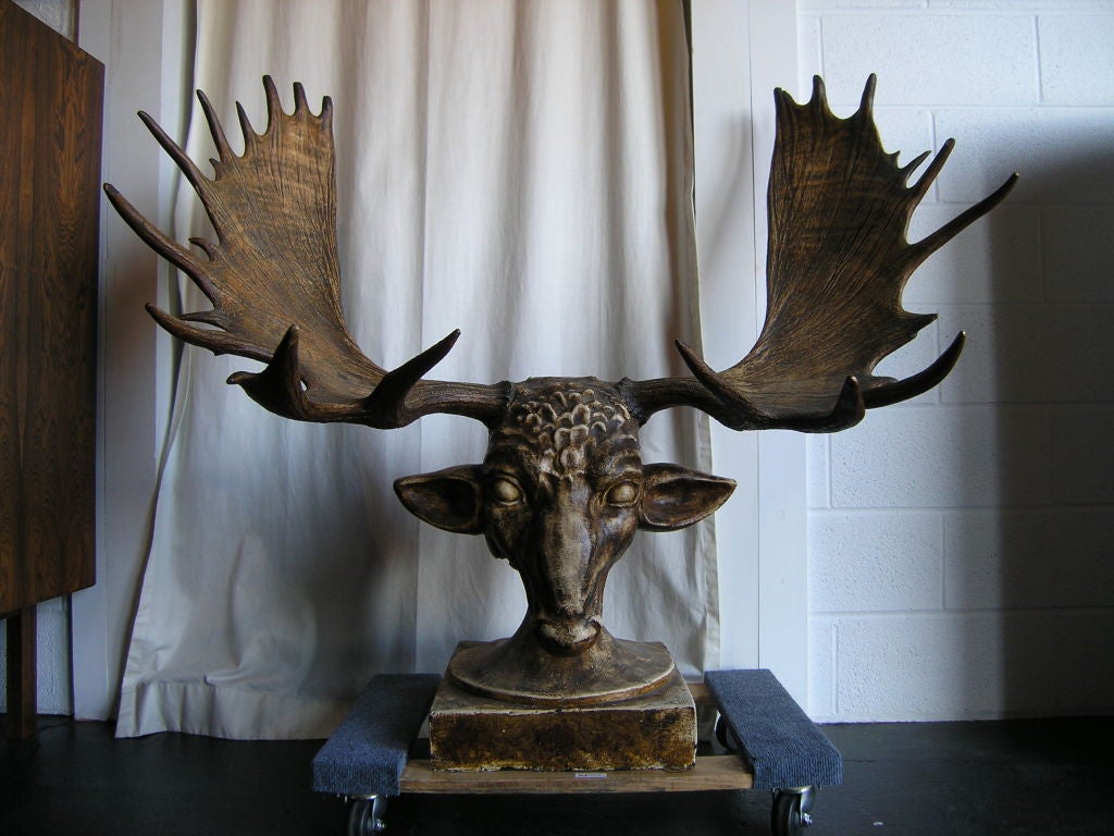 This fantastical sculpture of an imaginary beast has been constructed of plaster and real moose antlers, making for a truly unique piece of folk art from the fifties.