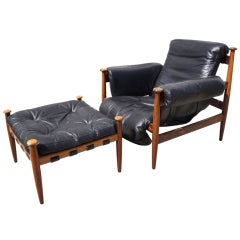 Rosewood and Leather Armchair and Ottoman from Skillingaryd