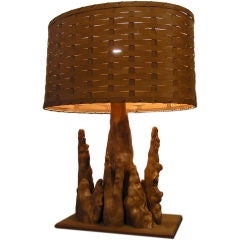 Unique Vintage Cypress Knee Driftwood Lamp w/Basket Weave Shade