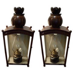 Pair of red painted tole lanterns