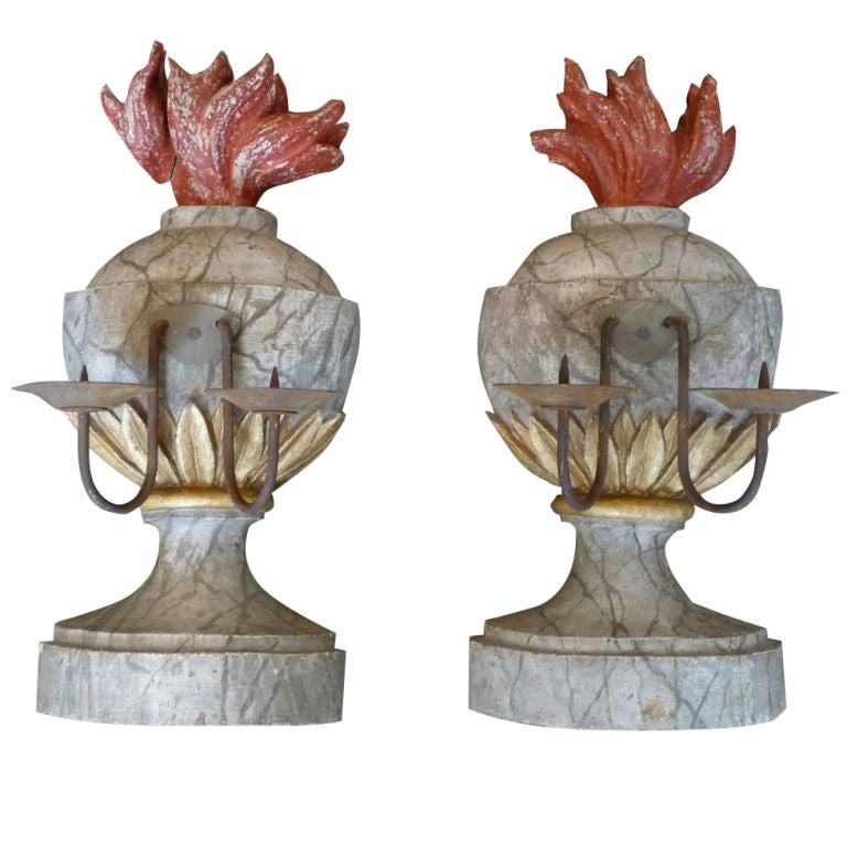 Pair of 19th Century Marbleized Two-Arm Wooden Candelabra For Sale
