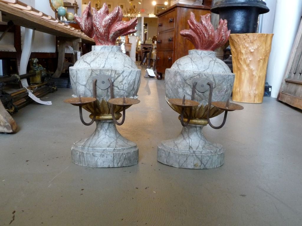 Pair of 19th Century Marbleized Two-Arm Wooden Candelabra In Excellent Condition For Sale In Boston, MA