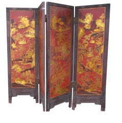 Chinese Four Panel Red Lacquer Screen