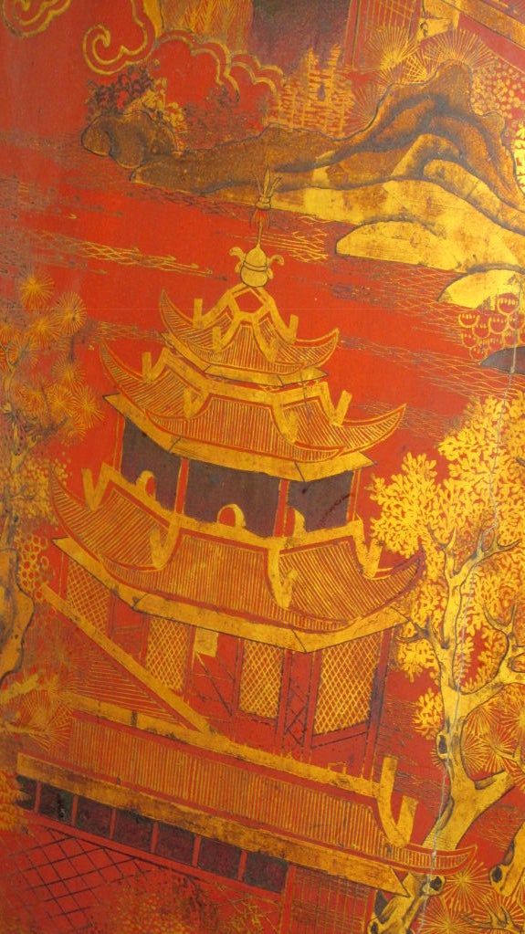 Chinese Four Panel Red Lacquer Screen