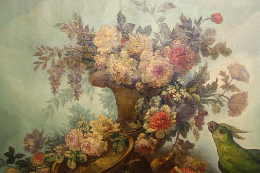 Miroir Trumeau français de style Louis XVI avec bouquet de fleurs peint et perroquet Bon état - En vente à Pembroke, MA