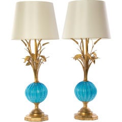 SALE!! Turquoise Murano Lamps with Gold Leaf  / Pair Available