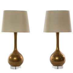Pair of Matte Gold Crackle Ceramic Lamps