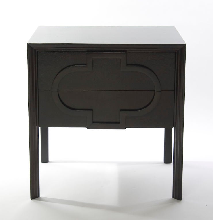 SOLD AS A PAIR / $3,400 FOR THE PAIR<br />
+ A pair of sleek side tables with chic yet subtle details<br />
+ Each table has two drawers<br />
+ Raised fret-work detail covers both drawers and creates one single shape<br />
+ Drawers open easily