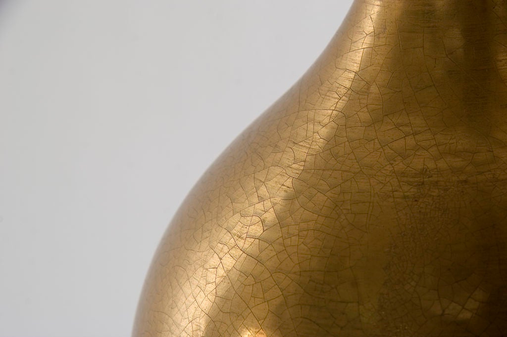 Mid-20th Century Pair of Matte Gold Crackle Ceramic Lamps