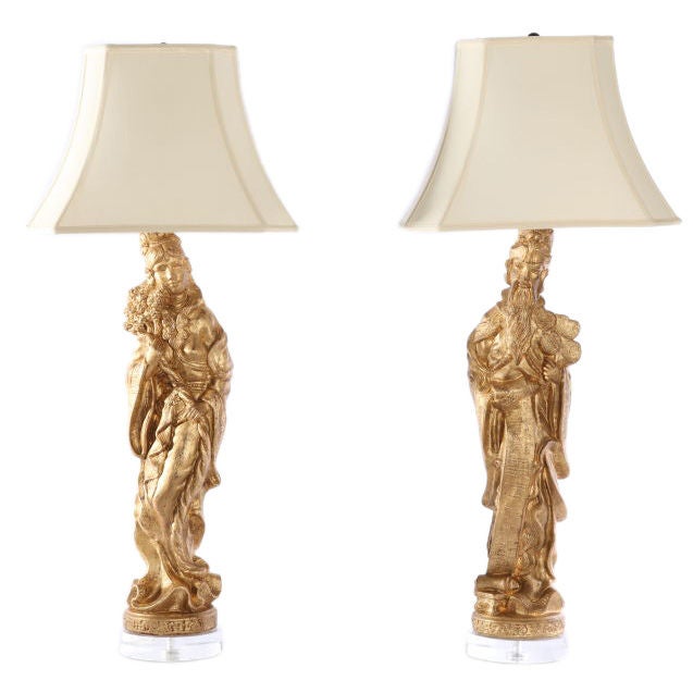 Pair of Chinoiserie Male & Female Lamps For Sale