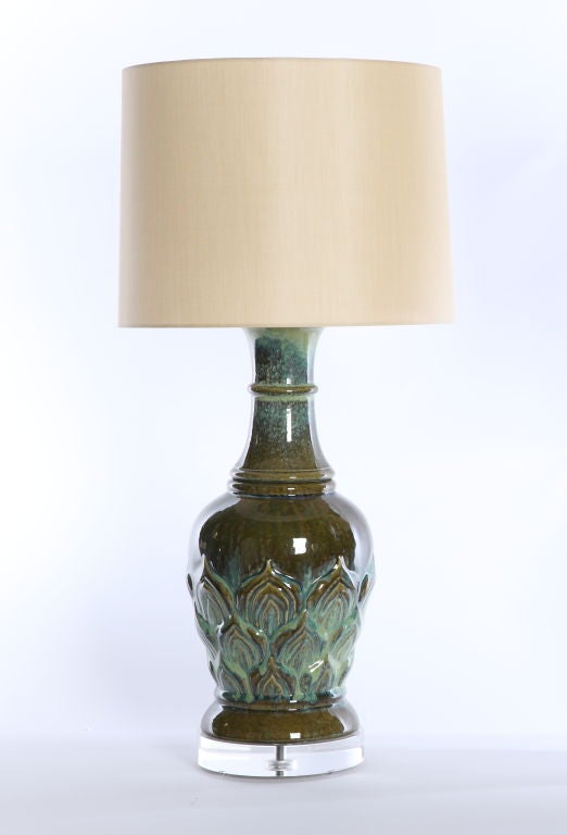 PAIR AVAILABLE / SOLD INDIVIDUALLY / $1,200 EACH<br />
+ Beautifully glazed ceramic body<br />
+ Great mix of colors and patterns<br />
+ Shades range from turquoise to seafoam to olive green<br />
+ Lotus flower pattern has great texture<br