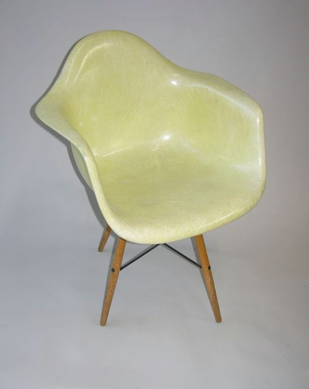 Charles and Ray Eames Dowel Leg Swivel Chair. Lemon yellow rope edge shell with full Zenith label . Legs are birch .