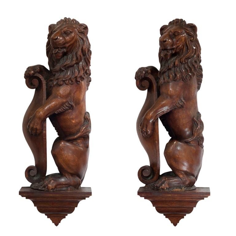 Pair of Carved Oak Lions at 1stDibs