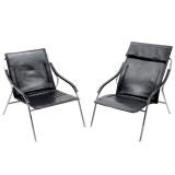 Pair of Italian Chrome and Leather Low Chairs by Marco Zanuso