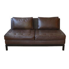 Dunbar brown leather sofa and pair armchairs c 1960