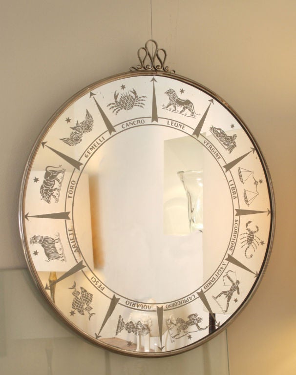 A nickeled metal framed mirror with etched astrological designs to the mirrored glass<br />
Gio Ponti, Italian c 1940<br />
<br />
For similar examples see<br />
Gio Ponti - Tomaso Buzzi,Ugo la Pietra, Gio Ponti, Rizzoli, Milano 1995 pg 70<br